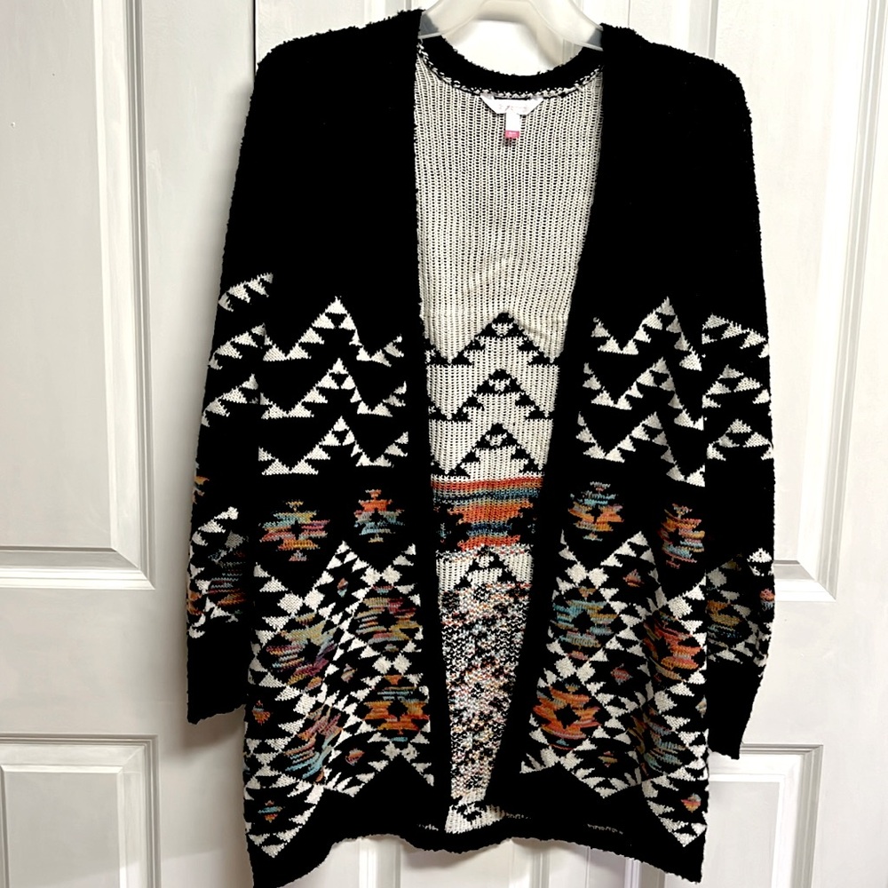 No Boundaries Black Aztec Print Long Open Cardigan Sweater Jr Size XL NWT